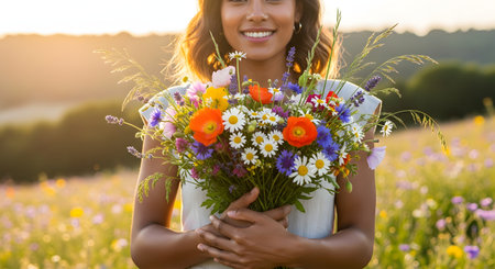 A happy woman with a bright smile holds a large, colorful bouquet of wildflowers. She is standing in a sunny meadow at sunset, with the golden light illuminating her from behind. The bouquet includes poppies, daisies, and cornflowers.の素材