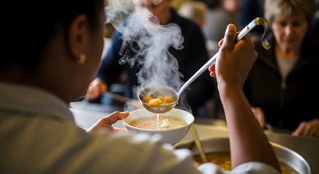 An over-the-shoulder view of a volunteer using a ladle to serve hot, steaming vegetable soup into a white bowl. The scene takes place at a soup kitchen or shelter, with people waiting in line. This image represents charity, volunteering, poverty, and community support.の素材