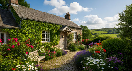 A picturesque stone cottage in the English countryside is covered with green ivy and surrounded by a vibrant, colorful flower garden. A cobblestone path leads to the front door under a beautiful blue sky with fluffy clouds. This idyllic scene represents a dream home in a peaceful, rural setting.の素材