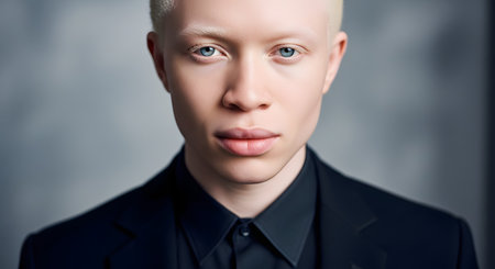 A striking studio portrait of a young man with albinism, featuring very light skin, platinum blonde hair, and captivating blue eyes. He is wearing a black shirt and blazer, looking directly at the camera with a neutral expression.の素材