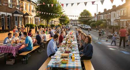 A vibrant community street party on a sunny day in a residential neighborhood, with brick terraced houses. Neighbors of all ages are sitting at long tables, sharing food, drinking, and socializing, while children play on the road decorated with bunting.の素材