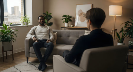 A Black man sits on a couch in a calm, modern office, engaged in a therapy session with a male psychologist. The therapist is seen from behind, listening intently. This image represents mental health, counseling, psychotherapy, and professional support.の素材