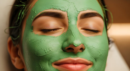A close-up macro shot of a woman's face covered in a thick, green clay facial mask. Her eyes are closed, and she has a relaxed expression, suggesting a spa treatment, self-care, or beauty routine. The mask is textured and evenly applied.の素材