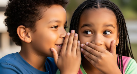 A close-up shot of a young Black boy whispering a secret into the ear of a young Black girl. The girl has her hand over her mouth, looking surprised and wide-eyed. This image captures childhood, friendship, secrets, and gossip.の素材