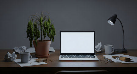 A messy desk in a dark room, illuminated by a desk lamp. An open laptop with a blank white screen (mockup) sits in the center, surrounded by crumpled paper, coffee mugs, a dying potted plant, and snacks. This scene represents overwork, burnout, a late-night study session, or a creative block.の素材