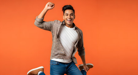 A happy and energetic young Indian man in a plaid shirt and jeans is jumping in the air with his fist raised, celebrating a victory. He is smiling broadly at the camera against a vibrant orange studio background. This image conveys success, happiness, and excitement.の素材