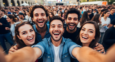 A group of five excited young friends huddle together and smile widely for a selfie at a crowded outdoor music festival or concert. The person in the center holds the camera, capturing the joyful moment with a large crowd in the background. The photo represents friendship, fun, and live events.の素材