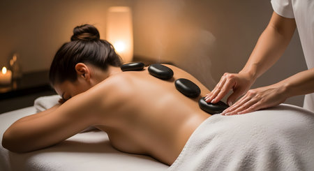 A woman lies on a massage table while a therapist places hot, black basalt stones on her back. The tranquil spa setting, with dim lighting and steam rising, promotes relaxation and wellness.の素材