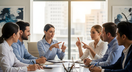 A group of diverse business professionals sits around a conference table during a meeting. Two women in the center are actively discussing and gesturing, while their colleagues listen.の素材