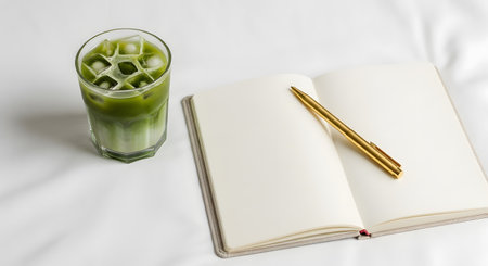 A minimalist flat lay of a glass of iced matcha latte next to an open, blank notebook and a gold pen. The scene is set on a white, crinkled fabric, suggesting journaling, planning, or a calm morning routine.の素材
