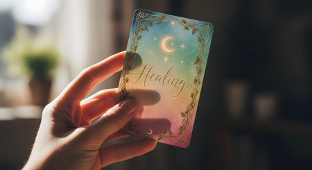 A person's hand holds a colorful oracle card with the word 'Healing' written on it in cursive. The card has a mystical design with a crescent moon, stars, and vines, against a soft, sunlit, blurred background. This image represents spirituality, self-care, and divination.の素材