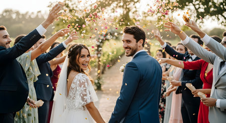A joyful, newly married couple looks back and smiles as wedding guests throw colorful confetti and petals in the air. The happy bride and groom are celebrating their outdoor ceremony.の素材