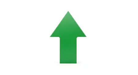 A simple, 3D-rendered green arrow pointing straight up, isolated on a white background. This icon symbolizes growth, success, increase, direction, upload, and positive progress.の素材
