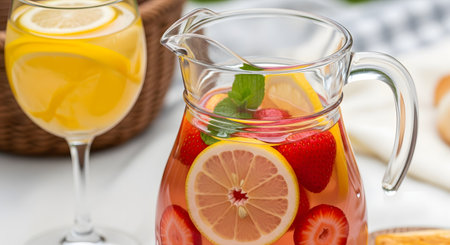 A refreshing glass pitcher of fruit-infused water, filled with lemon slices, strawberries, and mint leaves. Next to it is a glass of a similar yellow beverage. This image evokes summer, health, and hydration.の素材