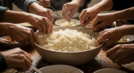 Multiple hands are reaching with spoons into a large, central bowl of steamed white rice, sharing a meal together. The scene on a wooden table suggests a family dinner or a communal gathering, emphasizing togetherness and food.の素材