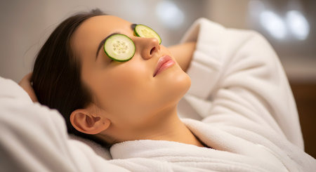 A relaxed young woman wearing a white bathrobe lies down with fresh cucumber slices over her eyes. This close-up shot portrays a moment of tranquility and beauty treatment, representing self-care, spa day, and skincare.の素材