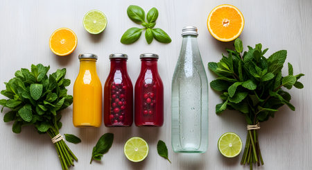 A top-down flat lay of various healthy drinks on a white wooden table. Includes bottles of orange juice, cranberry juice, and sparkling water, surrounded by fresh ingredients like mint bunches, orange slices, and lime. This image represents health, wellness, and detoxification.の素材