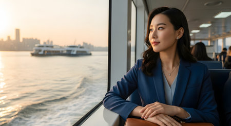 An elegant Asian businesswoman in a blue suit looks thoughtfully out the window of a moving ferry. The city skyline is visible in the distance over the water during a golden sunset, suggesting a commute or travel.の素材