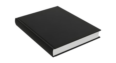 A single, plain black hardcover book with a blank cover, shown from a three-quarter angle. The book is closed and isolated on a pure white background, perfect for a mockup or template. It represents reading, knowledge, and literature.の素材
