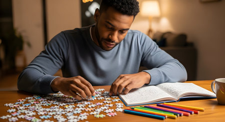 A man sits at a wooden table in a cozy room, engaged in relaxing, mindful activities. He is working on a jigsaw puzzle with one hand and has an adult coloring book open with colored pencils nearby. This image represents hobbies, stress relief, and mental wellness at home.の素材