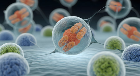 A microscopic 3D render of biological cells, with a central cell showing its nucleus and mitochondria (orange). Other blue and green cells are visible on a textured surface. The image represents biology, science, or medical research.の素材