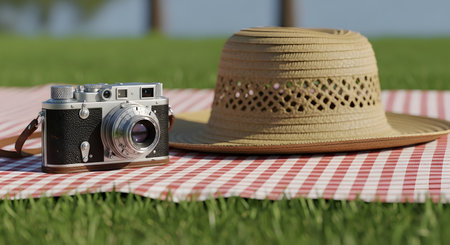 A vintage-style picnic scene on a sunny day. A classic film camera and a woven straw hat rest on a red and white checkered blanket in a green grass field. This image evokes relaxation, summer, hobbies, and nostalgia.の素材