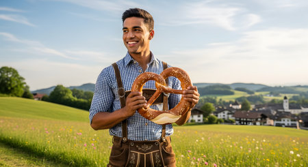 A smiling young man dressed in traditional Bavarian lederhosen and a checkered shirt holds a large pretzel. He is standing in a beautiful green meadow with a small village in the background, likely in Germany or Austria, suggesting Oktoberfest or a cultural festival.の素材