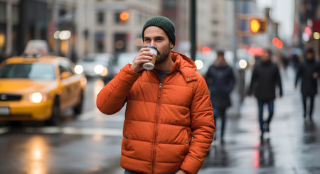 A man wearing an orange puffer jacket and a beanie drinks coffee from a paper cup while standing on a wet city street. The background is blurred, showing a yellow taxi cab, traffic lights, and other pedestrians, suggesting a busy urban environment like New York City.の素材