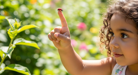 A close-up of a young girl with curly hair looking in wonder at a red ladybug on her index finger. She is in a sunny garden with green foliage and flowers blurred in the background, representing childhood, curiosity, and nature.の素材