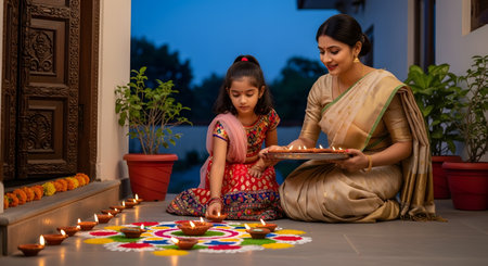 An Indian mother and her young daughter, dressed in traditional attire, celebrate Diwali by arranging lit clay lamps (diyas) around a colorful rangoli design. The scene takes place at their home's entrance during the evening, embodying family traditions and the spirit of the festival of lights.の素材
