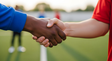 Close-up of an interracial handshake between two young men on a green sports field. One person has a dark skin tone and a blue sleeve, the other has a light skin tone and a red sleeve, symbolizing sportsmanship, agreement, and unity.の素材