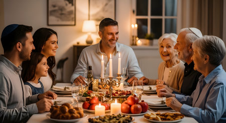 A happy, multi-generational family is gathered around a candle-lit dining table for a celebratory meal, possibly Shabbat or a holiday. They are smiling, talking, and enjoying food like pomegranates and challah bread.の素材