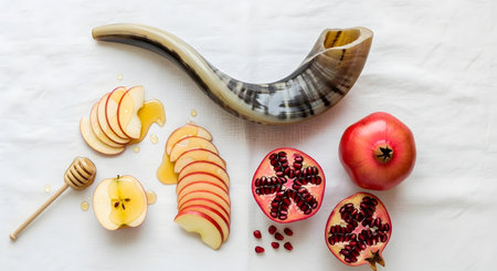 A flat lay, top-down view of symbols for the Jewish holiday Rosh Hashanah, on a white linen cloth. It includes a shofar (ram's horn), sliced apples drizzled with honey from a wooden dipper, and a whole and halved pomegranate.の素材