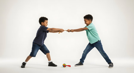 Two young, smiling African American boys, possibly brothers, are playfully engaged in a game of tug of war. They are both pulling on opposite ends of a rope or toy, showing effort and friendly competition. They are shot in a studio with a plain white background.の素材