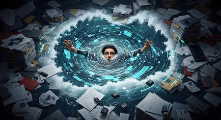 A conceptual image of a terrified man drowning in a digital vortex of data and code, surrounded by a chaotic sea of physical paperwork, files, and documents. This represents feeling overwhelmed, information overload, stress, and burnout from work.の素材