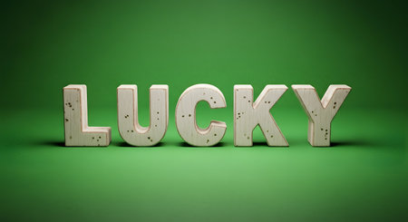 The word "LUCKY" is spelled out in 3D, light-colored wooden letters, standing on a green felt surface, similar to a poker or casino table. The scene is spotlit from above, conveying concepts of luck, chance, fortune, and gambling.の素材