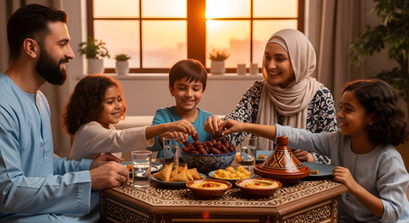 A happy Muslim family of five sits around a table at sunset, breaking their fast for Iftar during Ramadan. The father, mother in a hijab, and three smiling children are sharing dates and other food, representing family, tradition, and togetherness.の素材