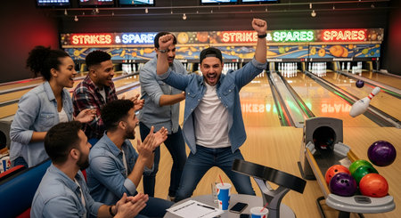 A group of diverse young friends celebrates excitedly at a bowling alley. One man in the center has his arms raised in victory after getting a strike, with the pin seen falling in the lane. His friends are clapping, cheering, and laughing, capturing a moment of fun, friendship, and recreation.の素材