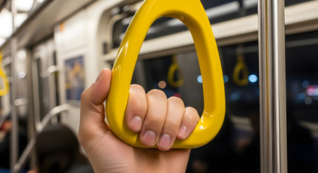 A close-up of a passenger's hand firmly gripping a bright yellow plastic handle on a subway, train, or bus. The blurred background of the train car and night lights suggests public transportation and commuting.の素材