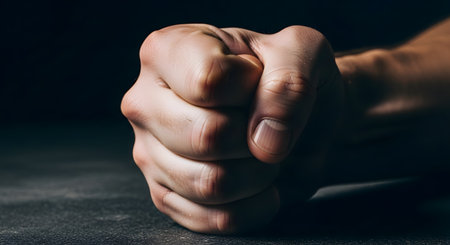 An intense close-up of a man's hand clenched into a tight fist, resting knuckles-down on a dark, textured surface. The image is dramatically lit, highlighting the tension in the hand, and represents anger, frustration, power, strength, or aggression.の素材