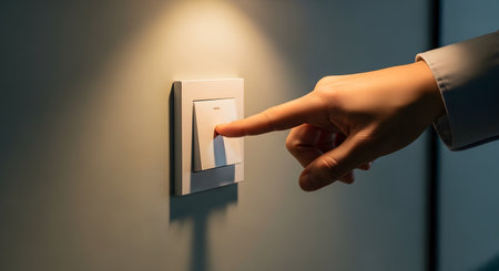 A close-up of a person's finger pressing a white light switch on a wall, turning the light on. The wall is illuminated by a warm light source, and the hand is in a dark room.の素材