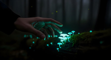 A person's hand is shown reaching out to touch a cluster of small, glowing blue-green mushrooms in a dark, magical forest. The bioluminescent fungi are growing on mossy wood, creating a sense of wonder.の素材
