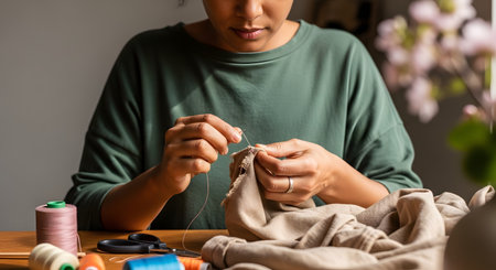 A woman in a green shirt sits at a wooden table, focused on hand-sewing a piece of beige fabric. Various spools of thread and scissors are nearby, representing mending, crafting, and sustainable hobbies.の素材