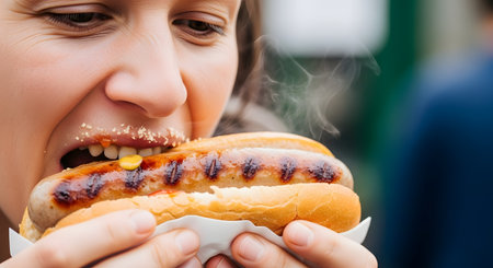 A close-up shot captures a woman taking a large bite of a grilled bratwurst or hot dog in a bun, with mustard and crumbs visible on her face. The image shows enjoyment and indulgence in street food.の素材