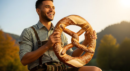 A happy, smiling young man of color wears traditional Bavarian lederhosen and a checkered shirt. He is sitting outdoors, holding up a giant, salt-covered pretzel. The background shows a sunny, mountainous landscape, suggesting Oktoberfest or a German festival.の素材