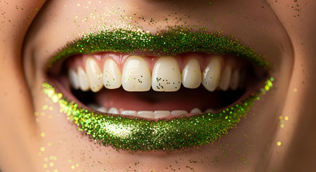 An extreme close-up macro shot of a person's smiling mouth, showing white teeth. The lips are covered in vibrant, sparkling green glitter, creating a bold, festive, and high-fashion makeup look.の素材