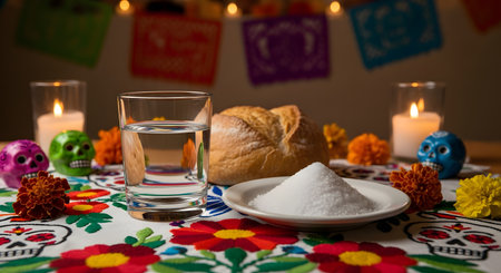 A traditional Dia de Muertos (Day of the Dead) ofrenda or altar. The table is set with essential elements like a glass of water, a plate of salt, pan de muerto (bread of the dead), colorful sugar skulls, marigold flowers, and lit candles, on an embroidered tablecloth.の素材