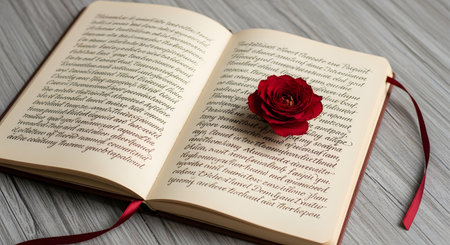 A single red rose rests on the open pages of an old book or journal. The pages are filled with elegant, handwritten calligraphy script. The romantic scene, set on a wooden surface, evokes themes of love, poetry, and nostalgia.の素材