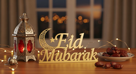 A festive scene for an Islamic holiday, featuring a golden 'Eid Mubarak' sign on a wooden table. The setting is decorated with a lit Fanoos lantern, a plate of dates, and warm string lights, creating a cozy, celebratory atmosphere.の素材