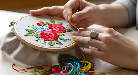 A close-up of a woman's hands meticulously working on a floral embroidery design. The fabric is held taut in a wooden hoop, and she is stitching a yellow flower. A thimble is on her finger, and colorful threads are on the table. This represents a craft, hobby, and needlework.の素材